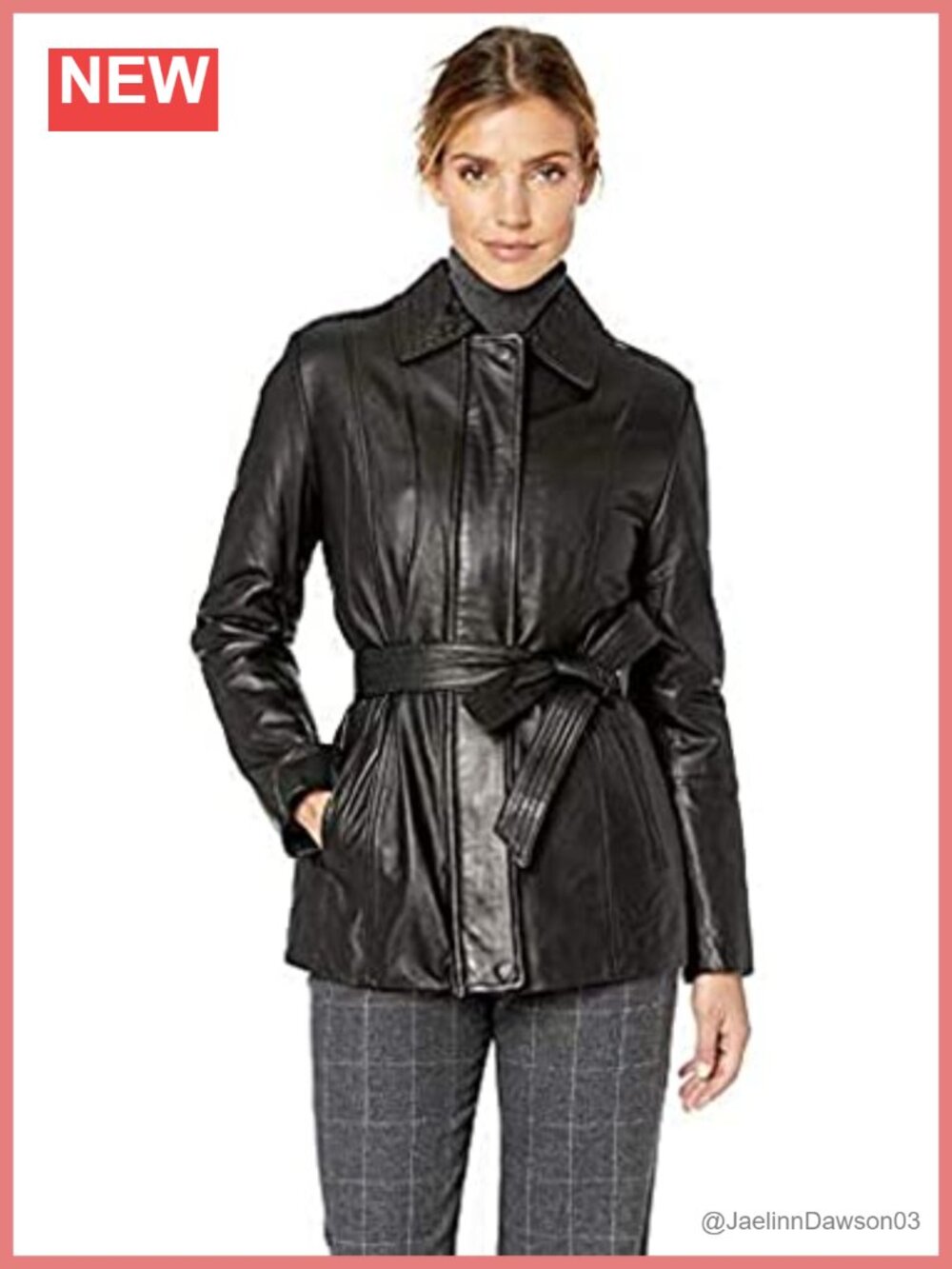Leather Belted City Coat Notch Collar Zip Front